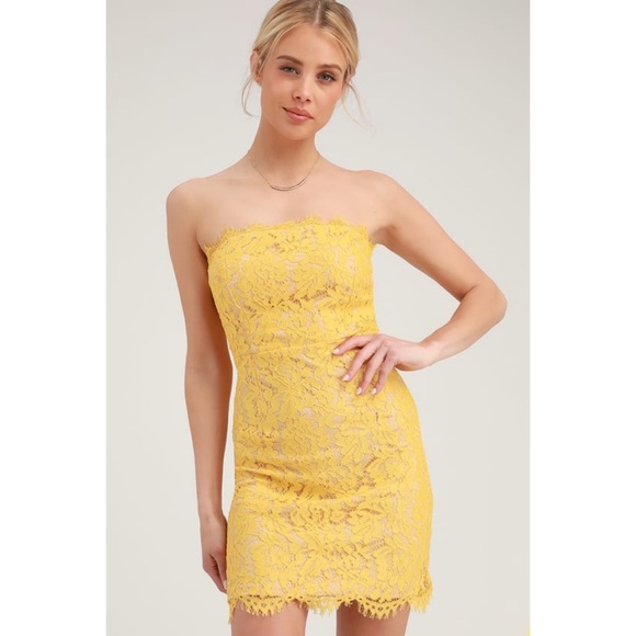 Lulus Dresses & Skirts - Lulu's Yellow Lace Strapless Mini Dress